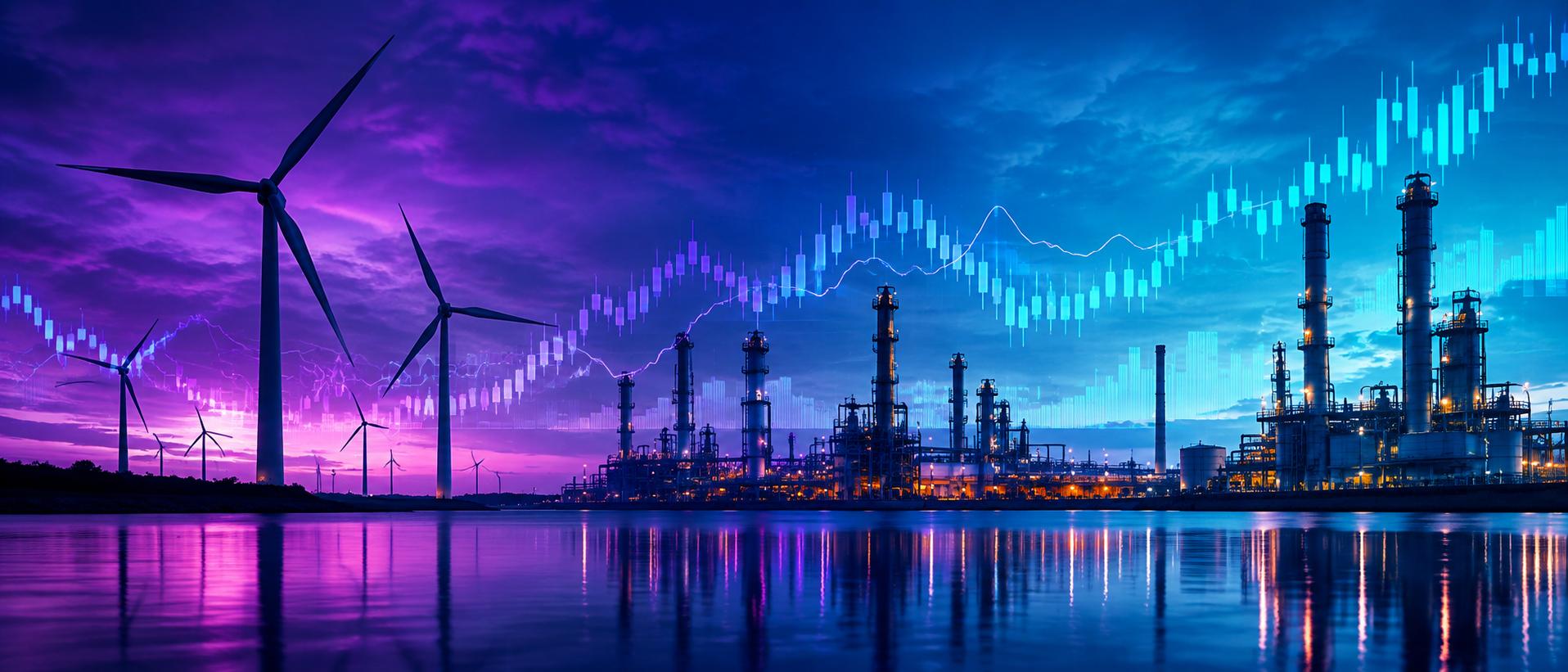 Wind turbines and oil refinery silhouettes merged with a stock chart