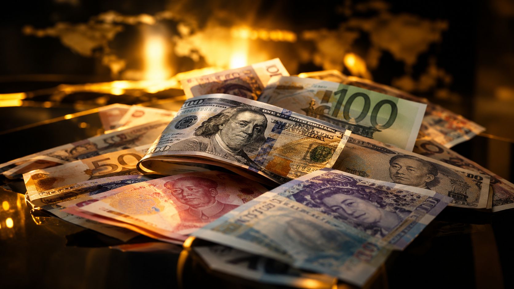 Artful spread of international banknotes with no readable text shallow depth of field
