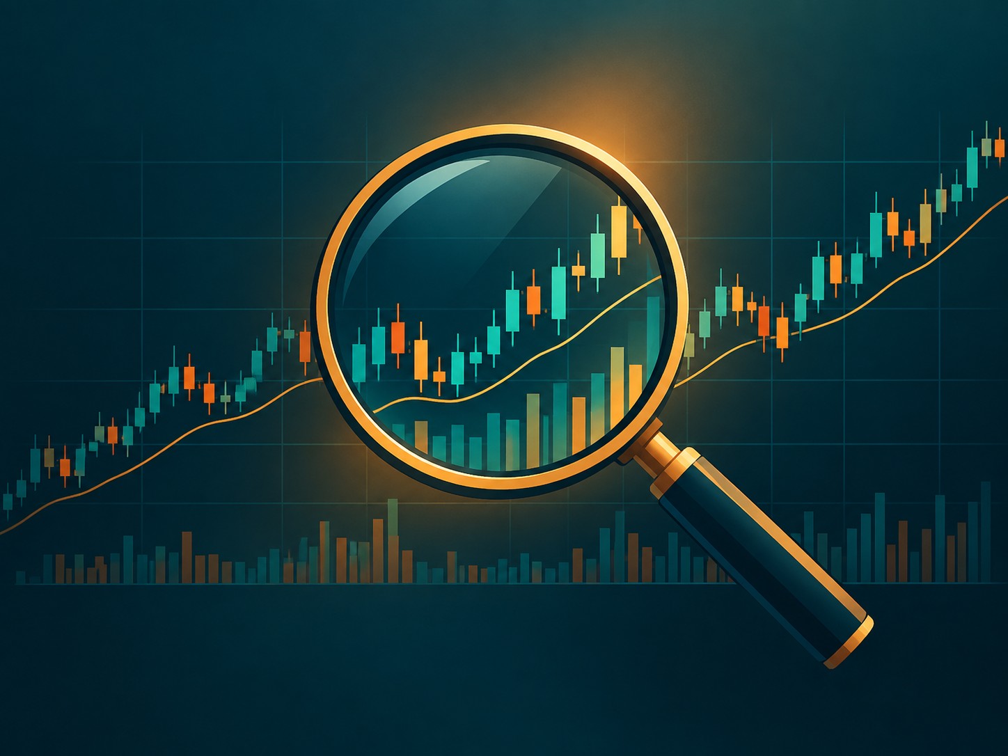 Magnifying glass over a detailed stock chart