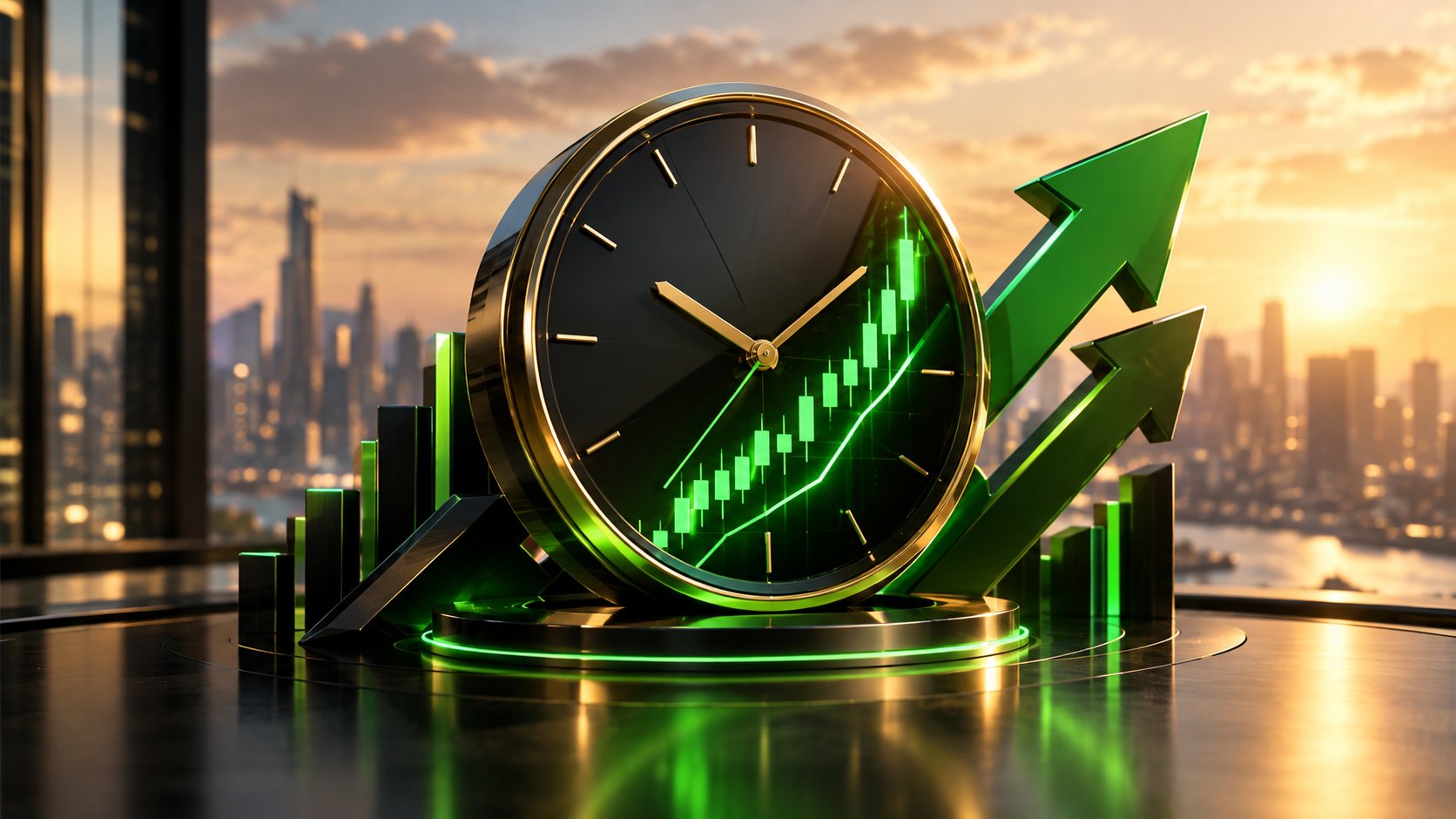 Clock merged with a crypto chart and forward arrows