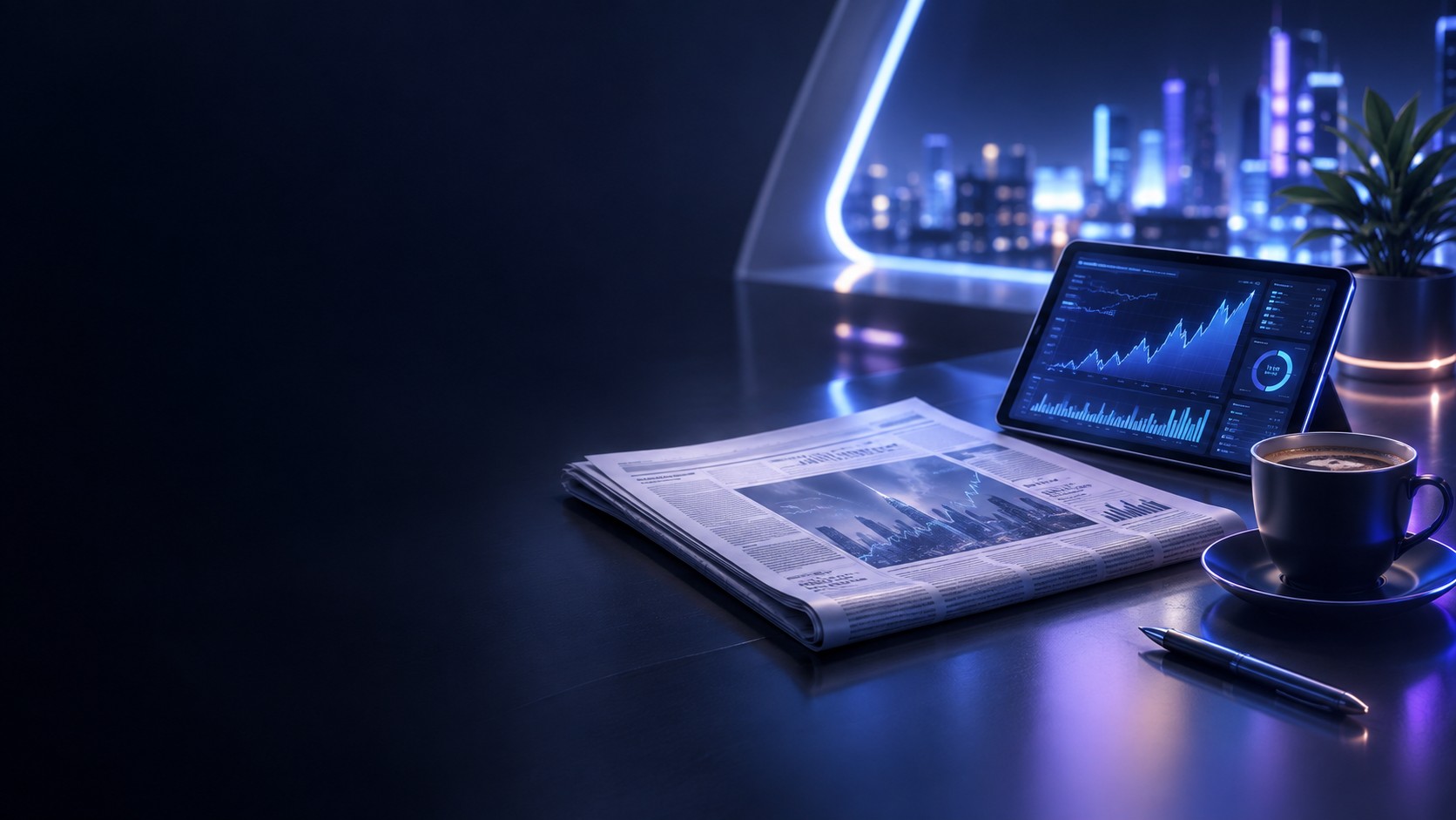 Financial newspaper tablet with charts and coffee on a desk