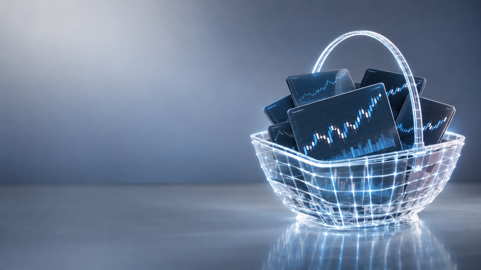 Basket made of glowing lines holding multiple mini stock charts
